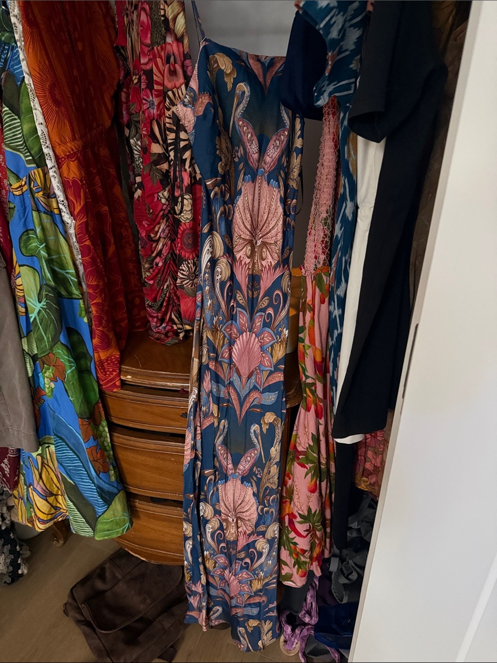 FARM Rio Navy Maxi Dress with Pink Floral Shell Motif